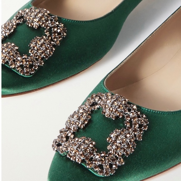 MANOLO BLAHNIK NIB Hangisi Crystal Buckle Satin Green Ballet Flats 38.5 - Picture 1 of 15